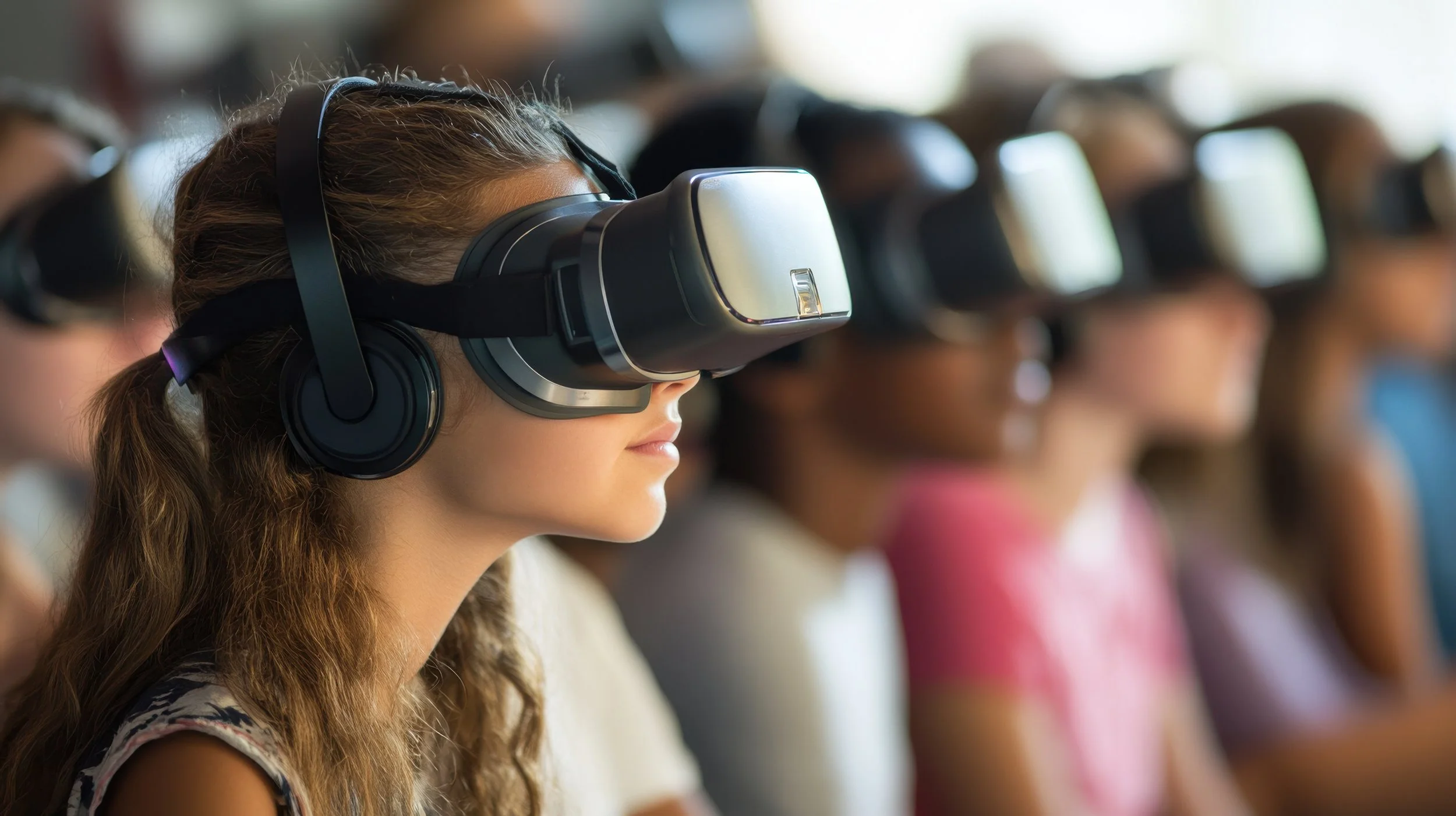 A young girl with long, wavy brown hair wearing a virtual reality headset and headphones, standing among other people also wearing VR headsets in a line.
