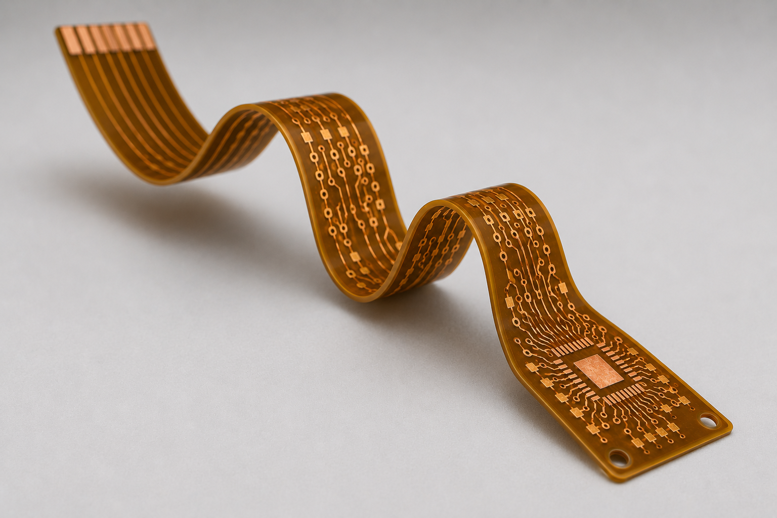 A flexible printed circuit board with a copper-colored surface and electronic components, coiled in a wave shape on a plain white background.