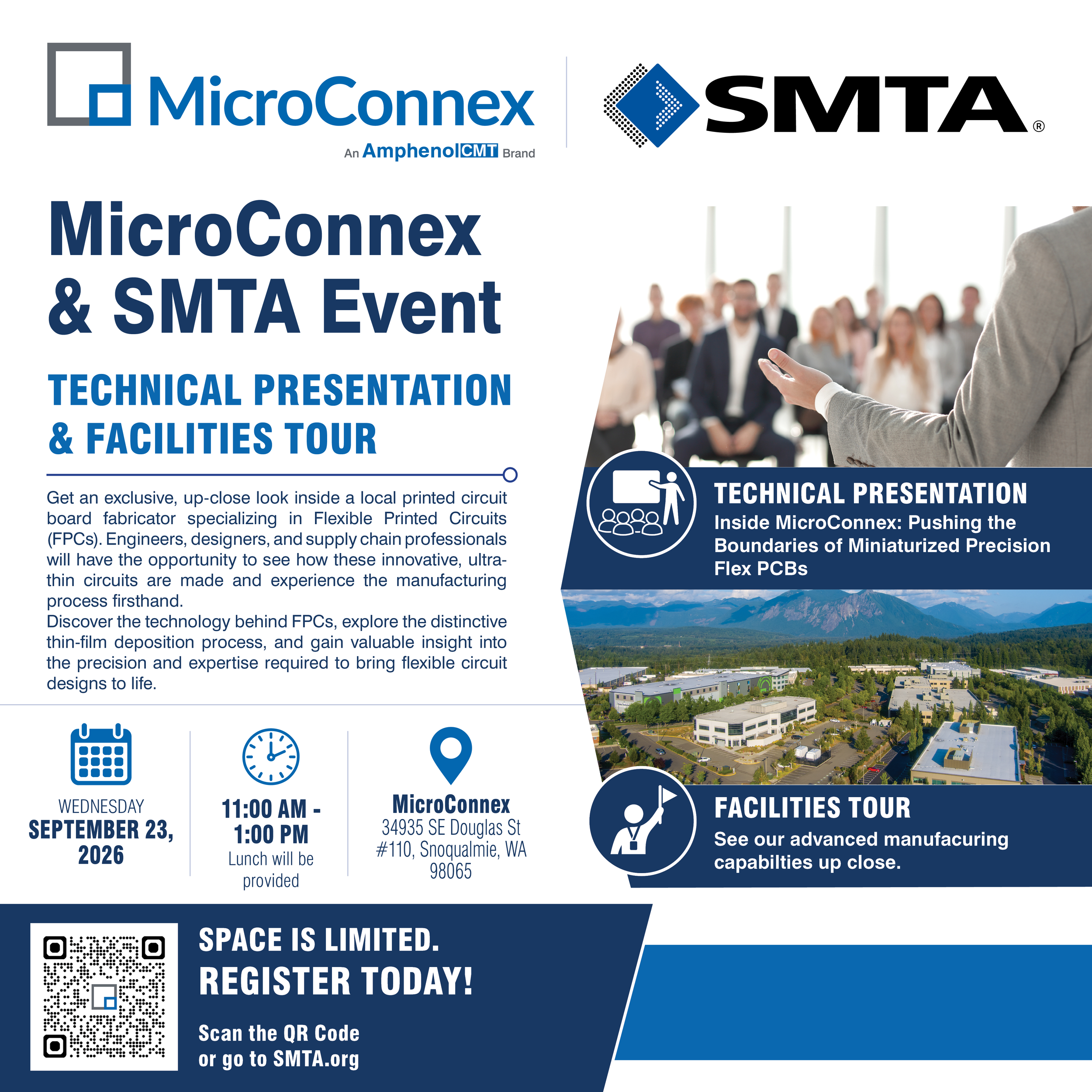 Poster for the MicroConex and SMTA event, featuring logos, event details, a background photo of a cityscape with mountains, and icons for date, time, location, and registration.