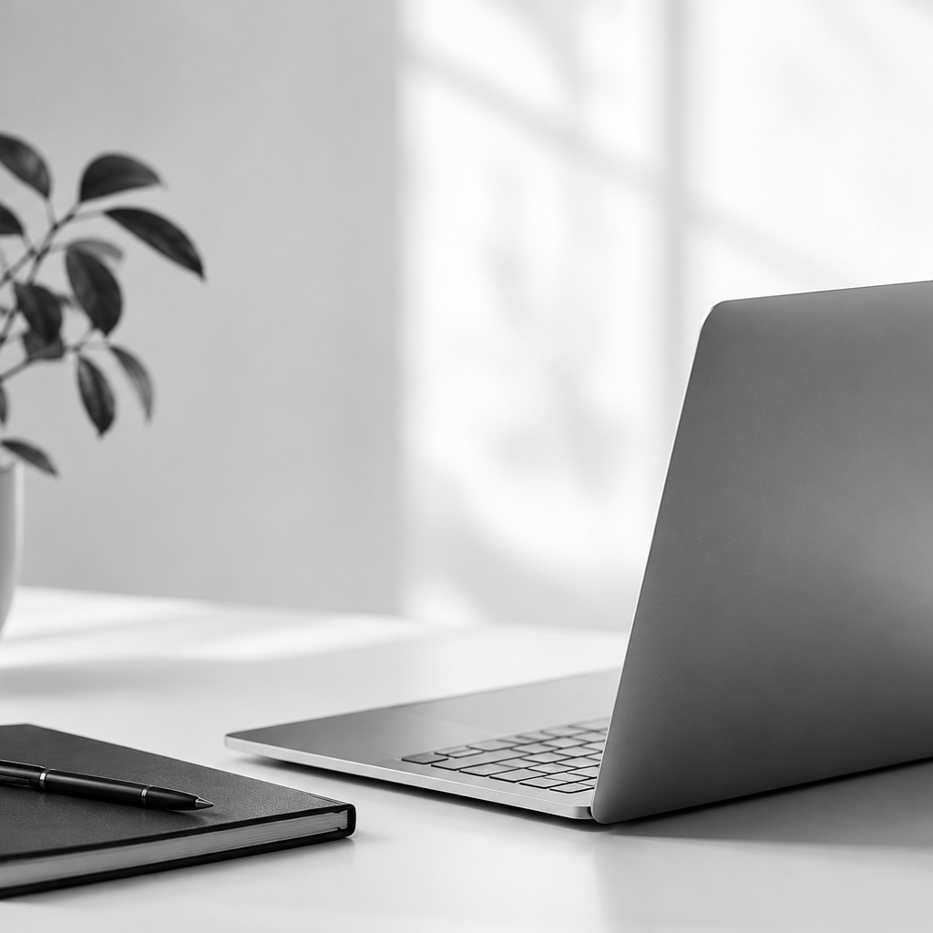 A silver laptop on a white desk with a black notebook and pen, and a potted plant in the background.