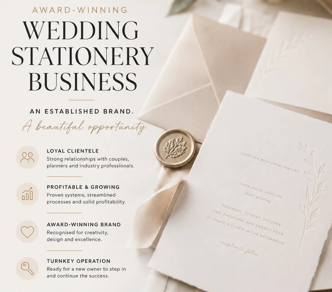 An advertisement for a wedding stationery business featuring elegant wedding invitations with a beige and white color scheme, a wax seal with a leaf design, and text highlighting the brand's reputation and services.