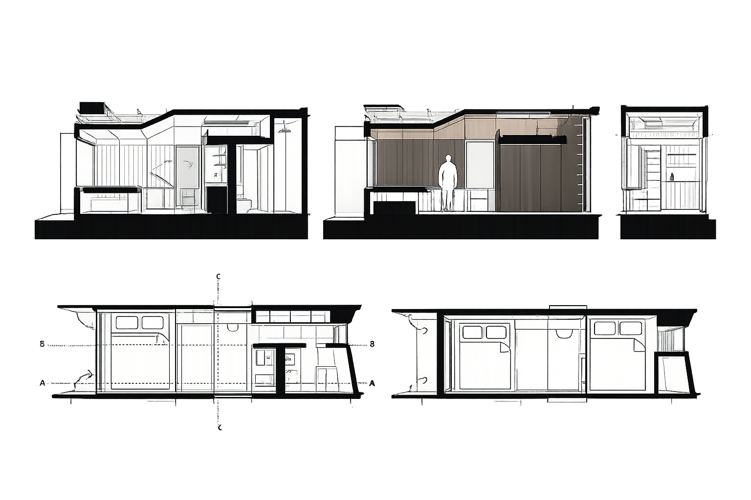 Architectural section drawing of a multi-level house with detailed interior layouts, including bedrooms, kitchen, and living areas, with interior dimensions and design features.