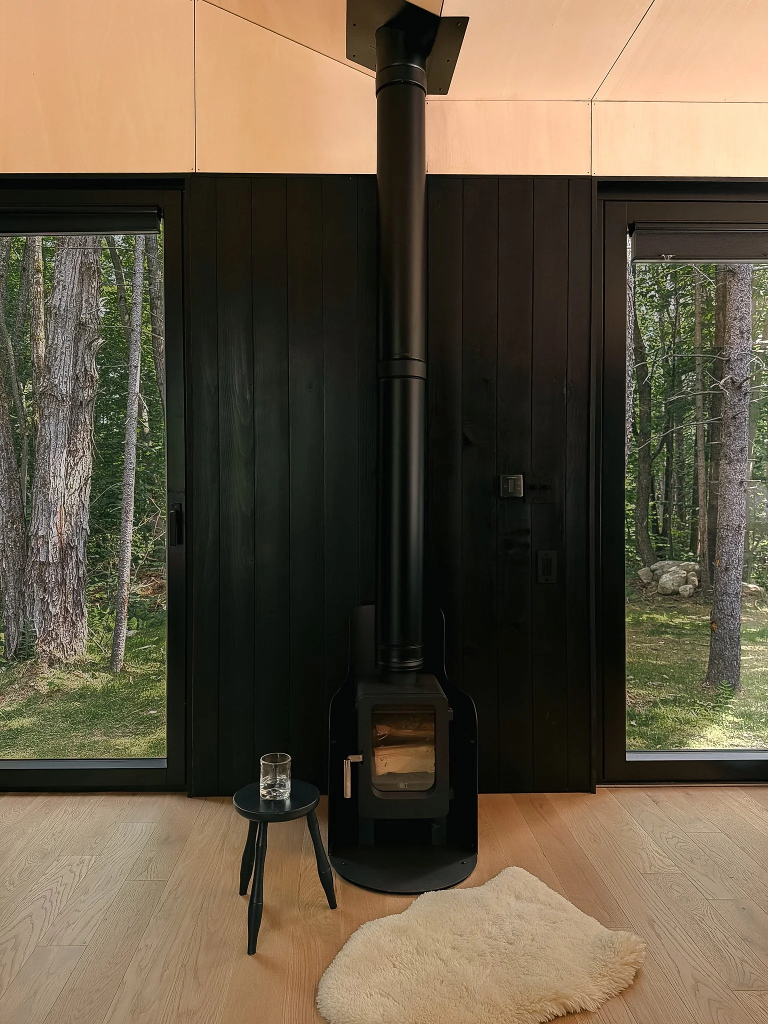 Interior of a room with large windows showing a forest outside. A black wood-burning stove is centered between the windows, with a small black side table holding a glass of water in front of it. There is a beige, fluffy rug on the light wooden floor, and part of a light-colored ceiling is visible above.