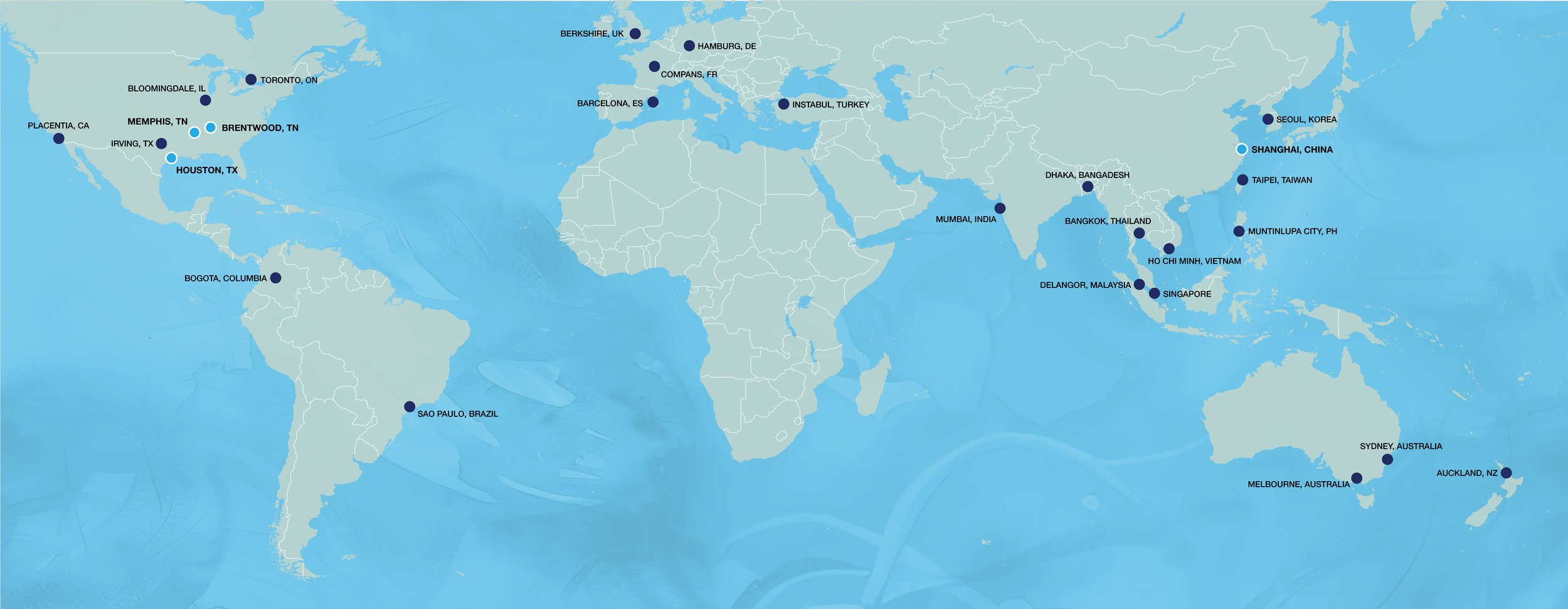 World map showing various global locations marked with blue dots, including cities in North America, South America, Europe, Africa, Asia, and Australia.