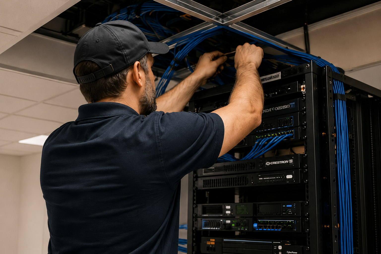 A technician working on a server rack installing or repairing network cables in a data center.