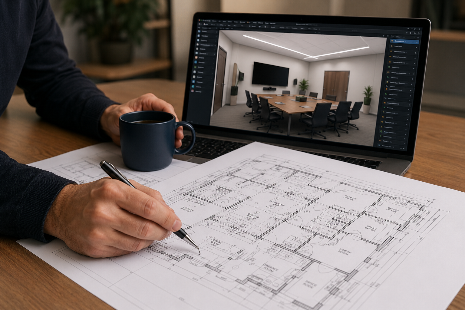 A person working on architectural blueprints at a desk with a computer displaying a modern conference room.