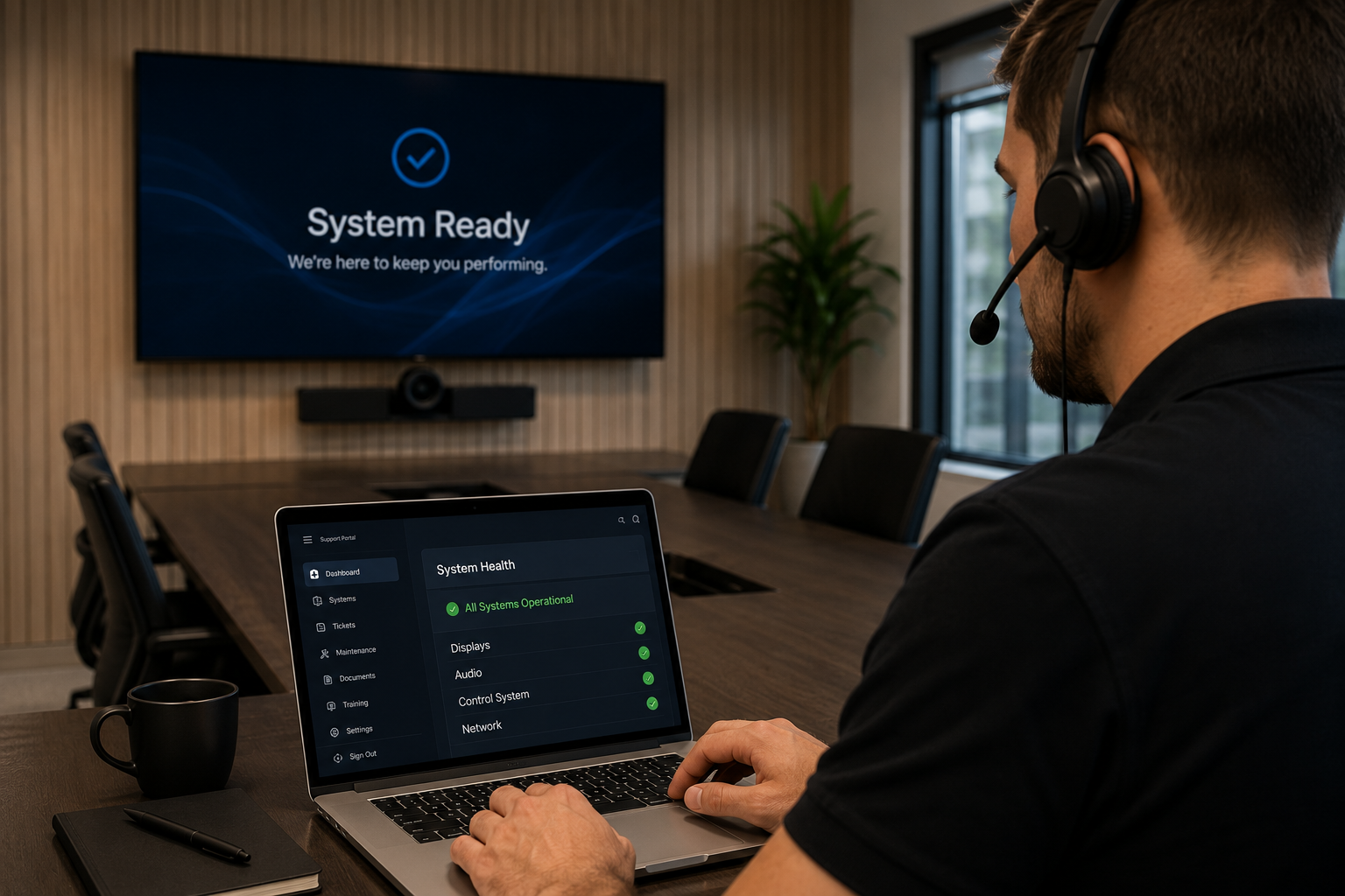 A man wearing a headset is looking at a laptop with a system health dashboard in a conference room. A large screen on the wall displays a 'System Ready' message.