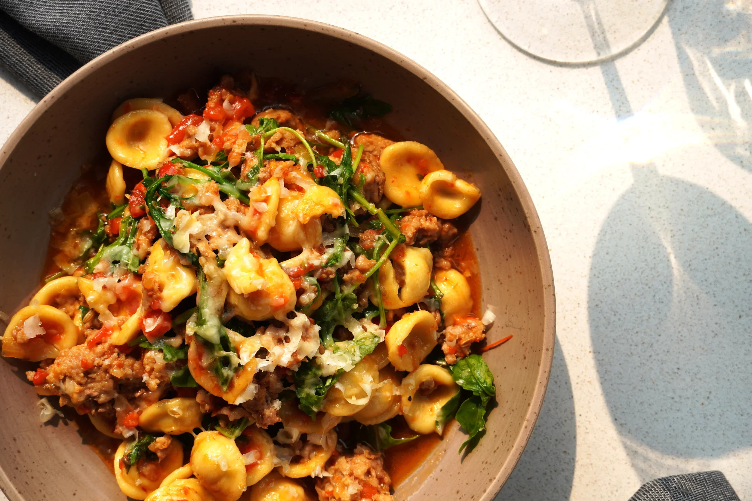 Fresh orecchiette pasta with seasonal Vermont ingredients at Cork Restaurant in Stowe, Vermont
