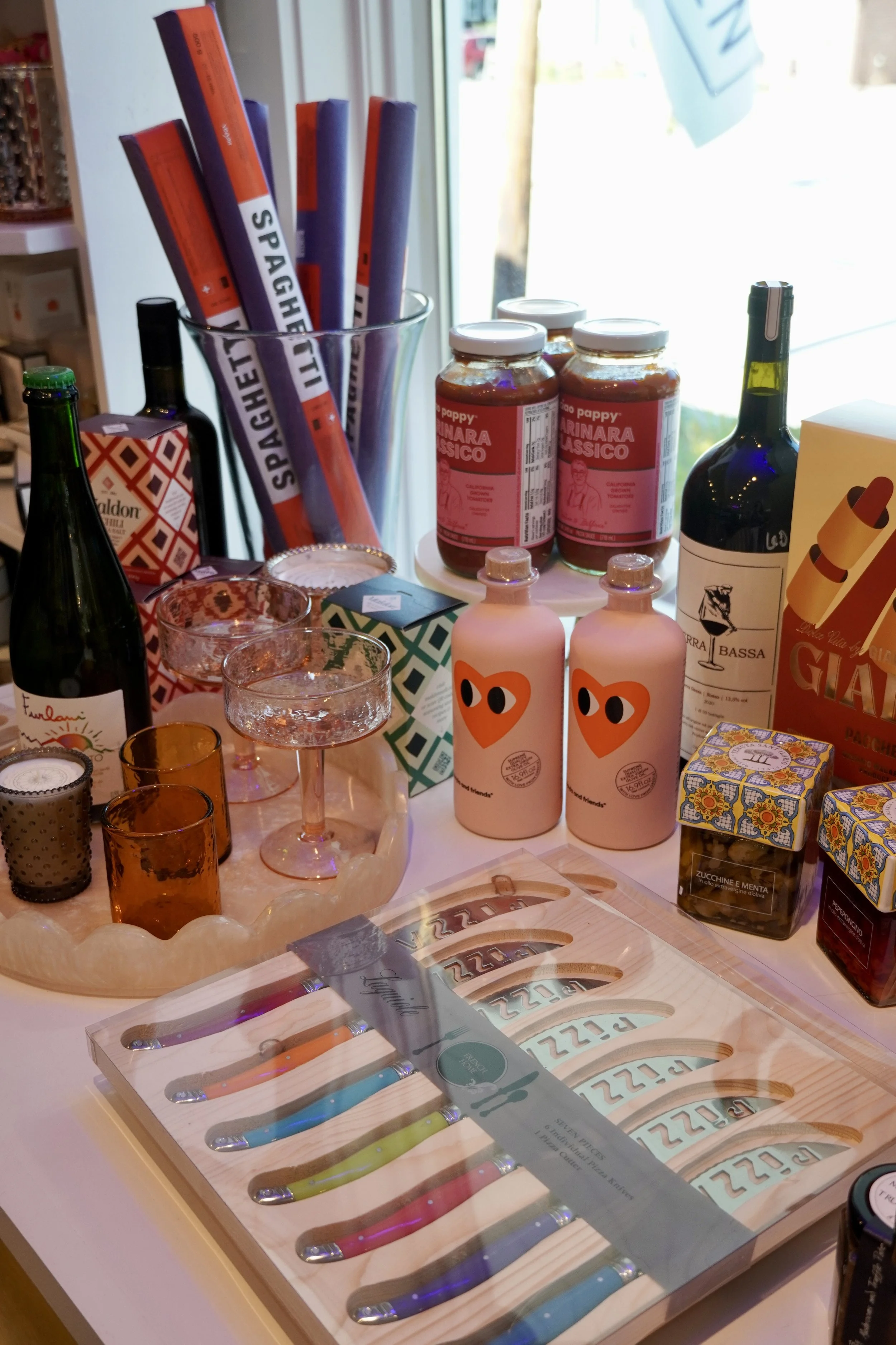 Gourmet provisions and natural wine display at Cork Market & The Candy Castle in Stowe, Vermont