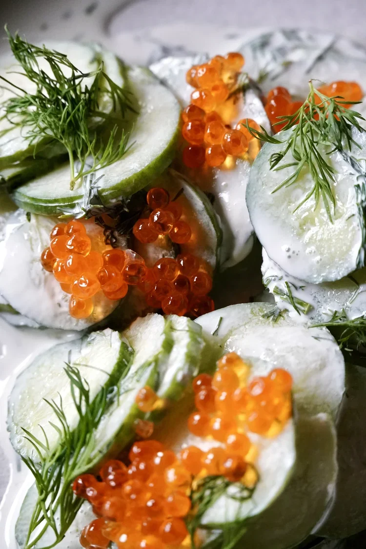 Caviar and dill crudo at Cork Restaurant — seasonal, locally inspired tasting menu in Stowe, Vermont