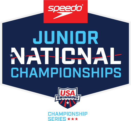 Speedo Junior National Championships logo with USA Swimming emblem, emphasizing championship series in blue, white, and red colors.
