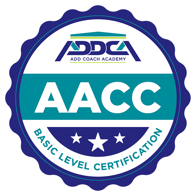 Badge with a blue scalloped border and the logo of Add Coach Academy at the top. The center features large white text 'AACC'. Below, a semicircular section with three stars and the text 'BASIC LEVEL CERTIFICATION'.