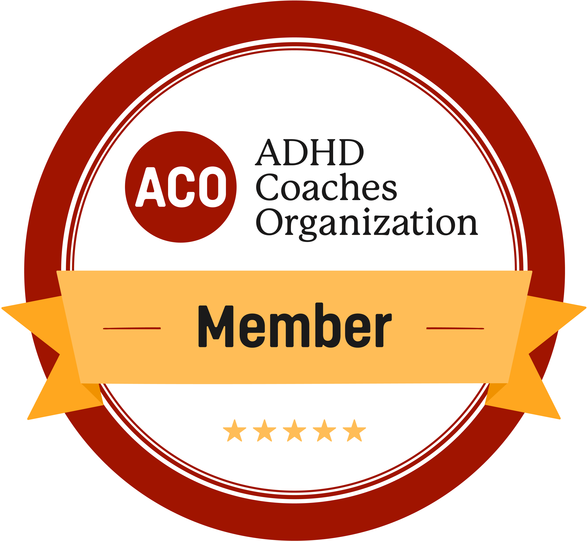 A circular badge with a red outer ring and yellow ribbon, displaying the text 'ACO ADHD Coaches Organization Member' and five stars at the bottom.