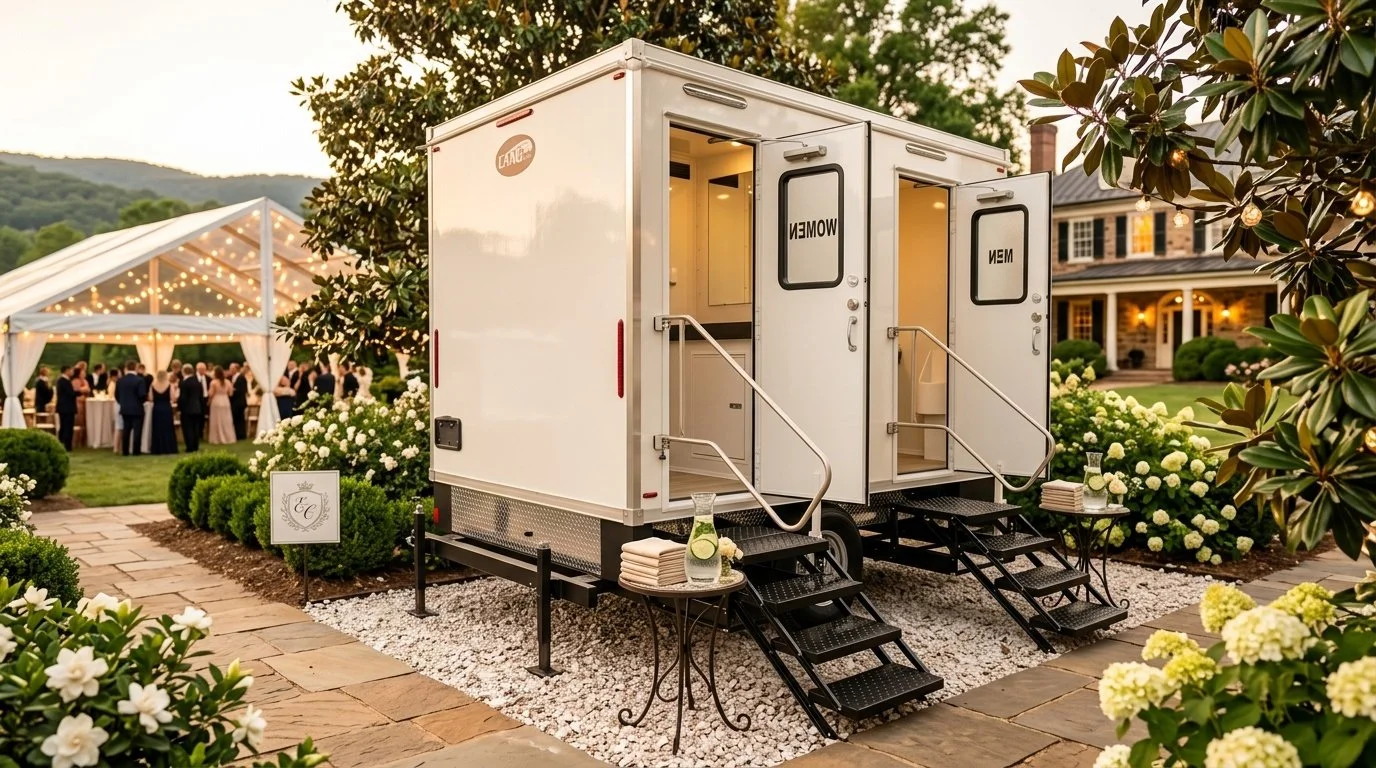 A white mobile restroom trailer with two entry doors labeled 'Women' and 'Men,' set up outdoors at an event with white flowers, greenery, and a tent with string lights in the background.