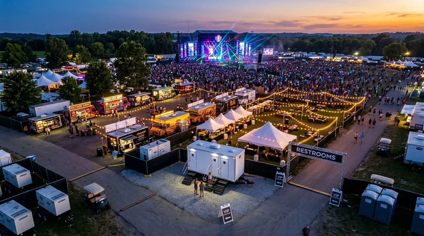 Outdoor music festival at sunset with a large crowd, stage with colorful lights, food trucks, tents, and restroom signs.