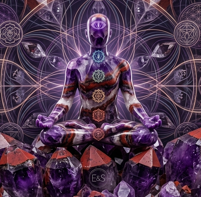 A person sitting in a lotus pose with chakras aligned on the body, set against a backdrop of mystical symbols and lotus flowers, surrounded by large purple crystals.