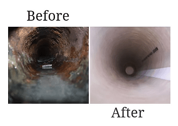 Side-by-side images labeled 'Before' and 'After,' showing the inside of a pipe with significant debris buildup in the 'Before' and a clear, clean pipe in the 'After'.
