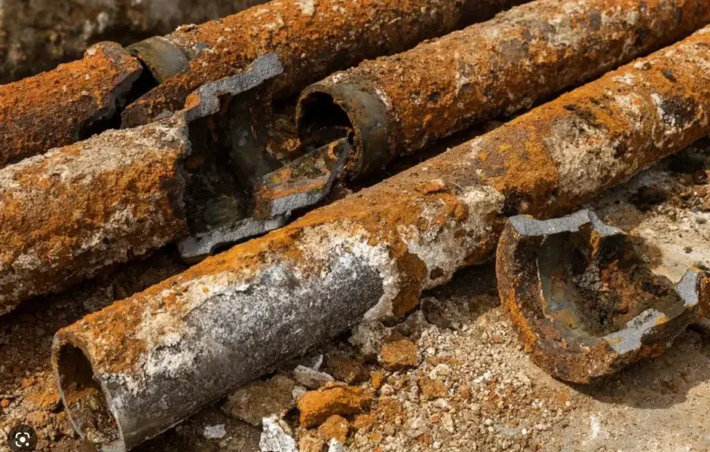 Close-up of rusted, corroded metal pipes lying on the ground, some broken.
