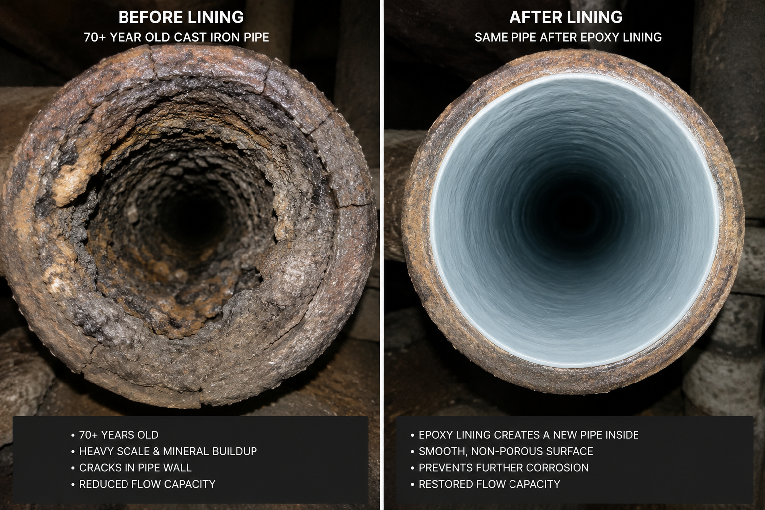 Comparison of a pipe before and after epoxy liner. The left side shows a 70+ year old cast iron pipe with heavy scale, mineral buildup, cracks, and reduced flow capacity. The right side shows the same pipe after epoxy lining, with a smooth, non-porous surface that prevents further corrosion and restores flow.