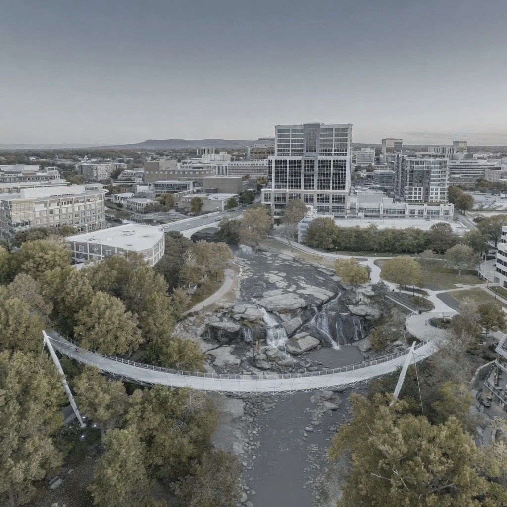 Aerial view of Falls Park and Liberty Bridge in downtown Greenville, SC - representing the vibrant Upstate South Carolina market served by Castle Property Group for property management and commercial real estate services.