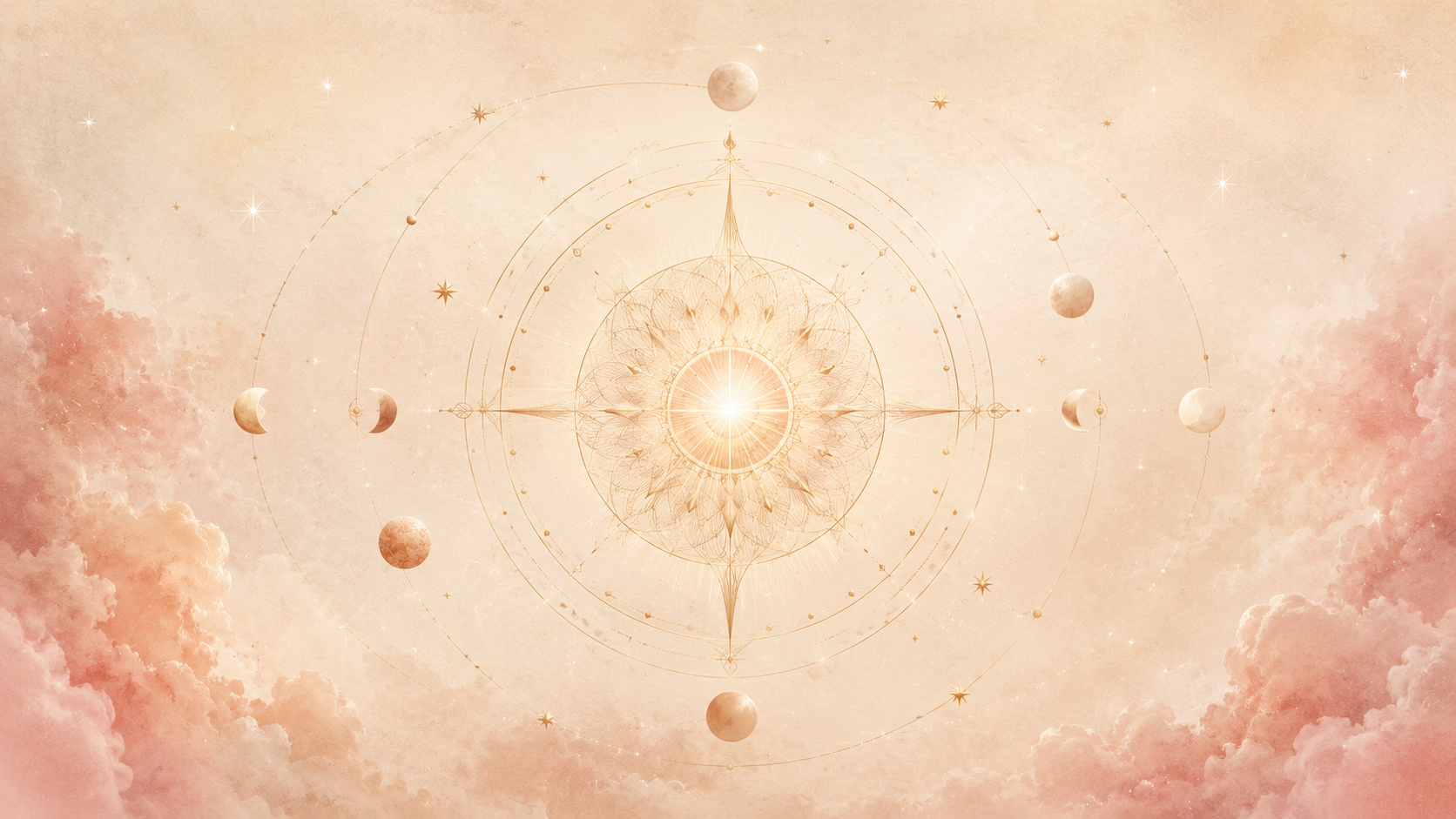 A celestial artwork featuring a bright central light resembling a sun, surrounded by intricate geometric patterns, moons, planets, stars, and cosmic clouds in a soft peach and pink color palette.