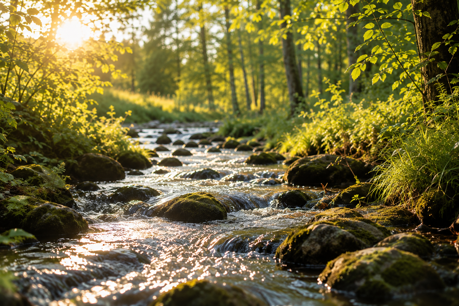 A small stream flowing through a lush green forest, illuminated by warm sunlight with moss-covered rocks in the water.