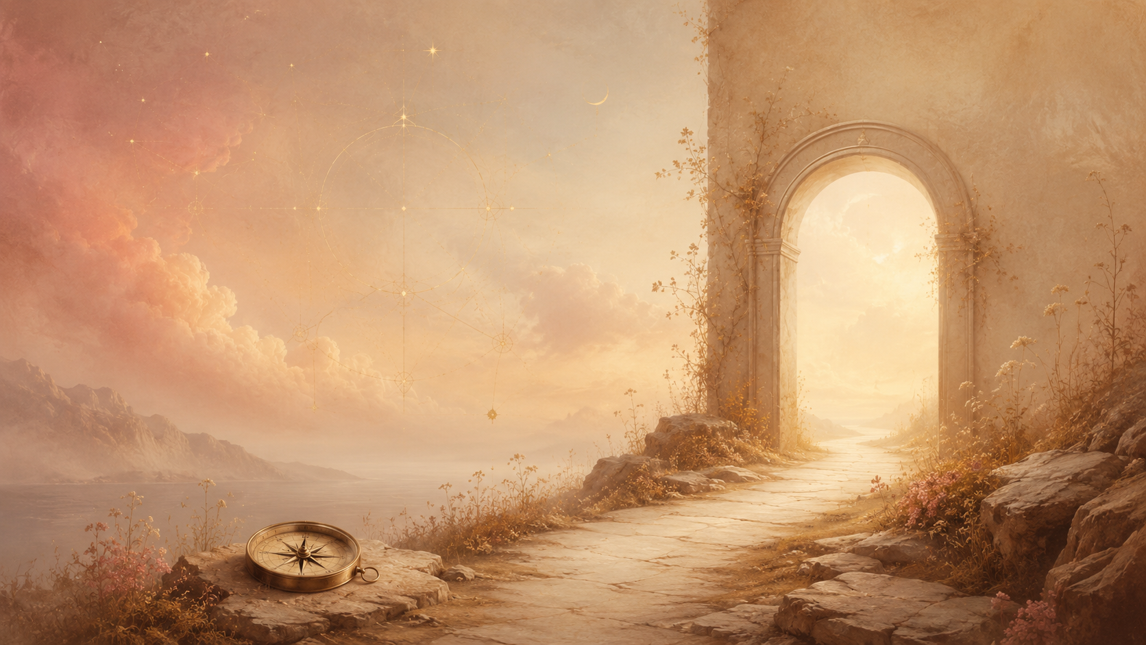 A fantasy landscape featuring a stone pathway leading through an open archway into a bright, cloudy sky. A compass lies on a rock in the foreground, with flowering plants along the path. The scene has warm, golden tones and celestial motifs in the sky.