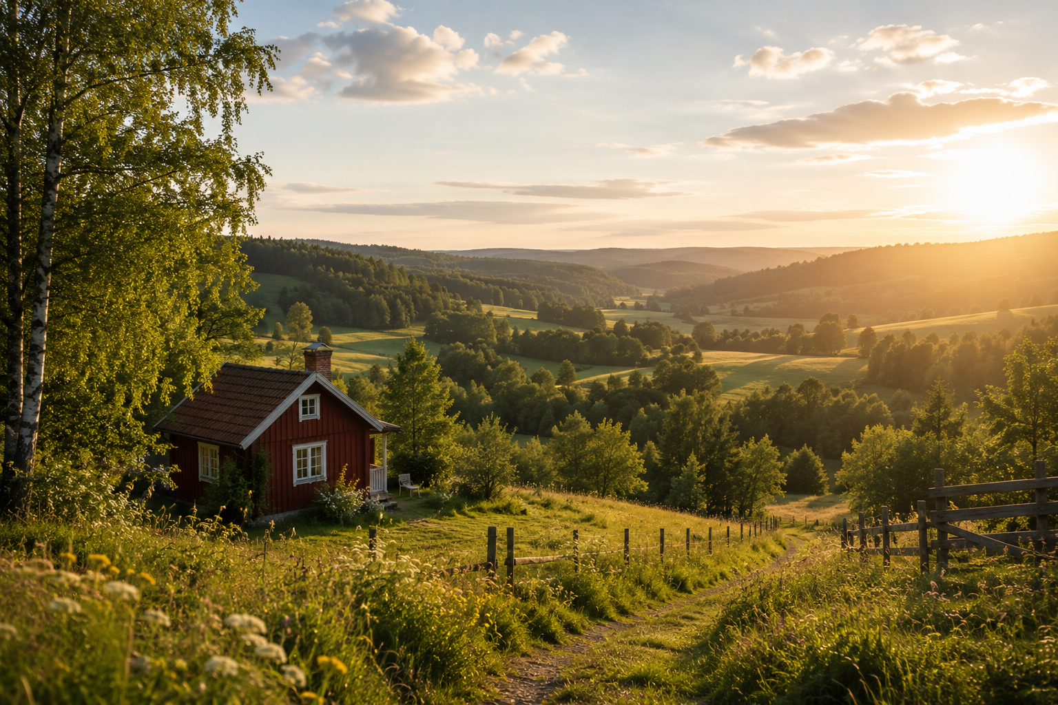 A red house with white trim on a grassy hillside at sunset, surrounded by trees and wildflowers, overlooking rolling green hills and a cloudy sky.