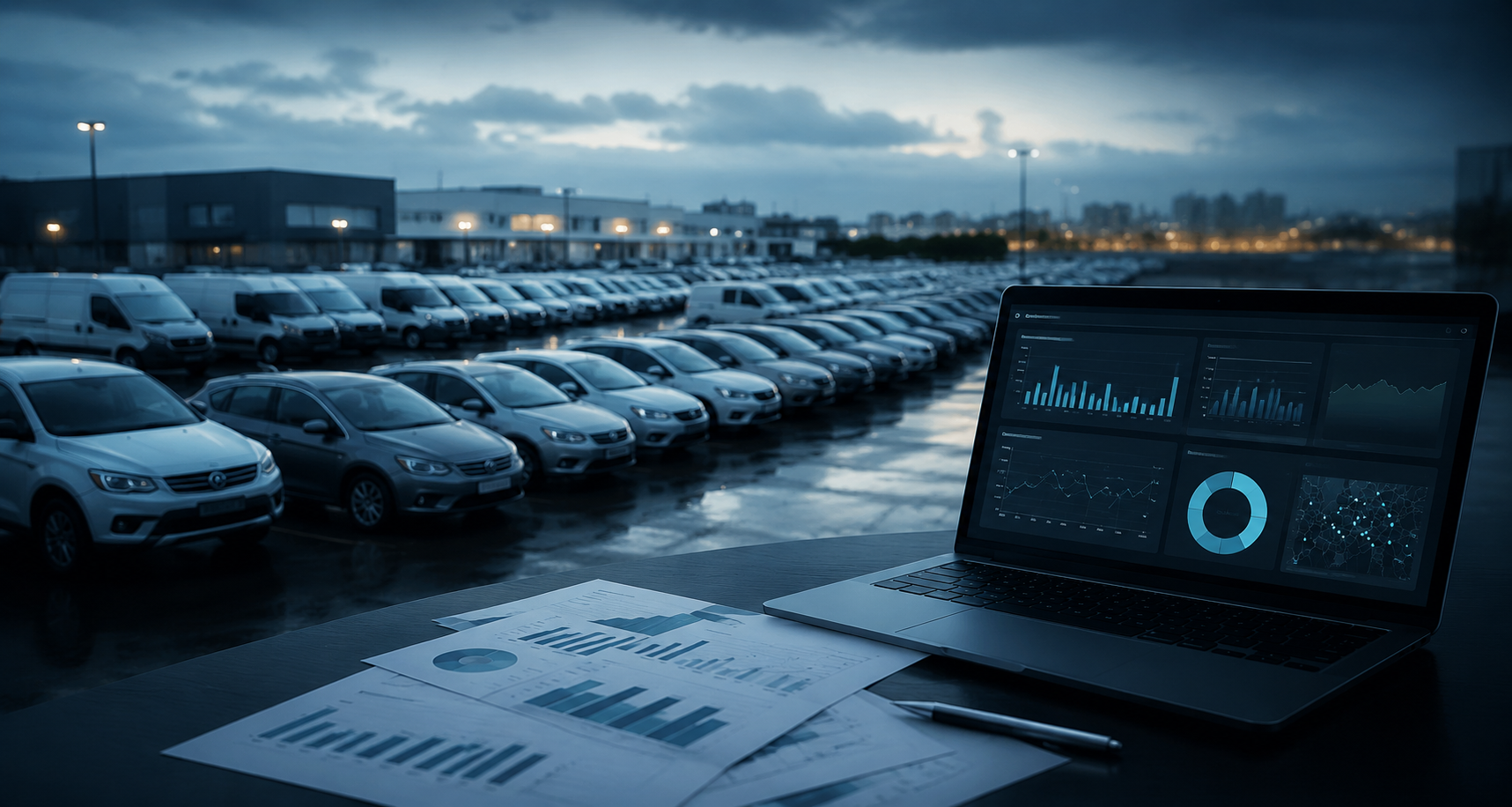 Pantalla de computadora portátil mostrando gráficos y datos, en un ambiente con ventanas de autos estacionados, con una taza de café y una libreta al lado.