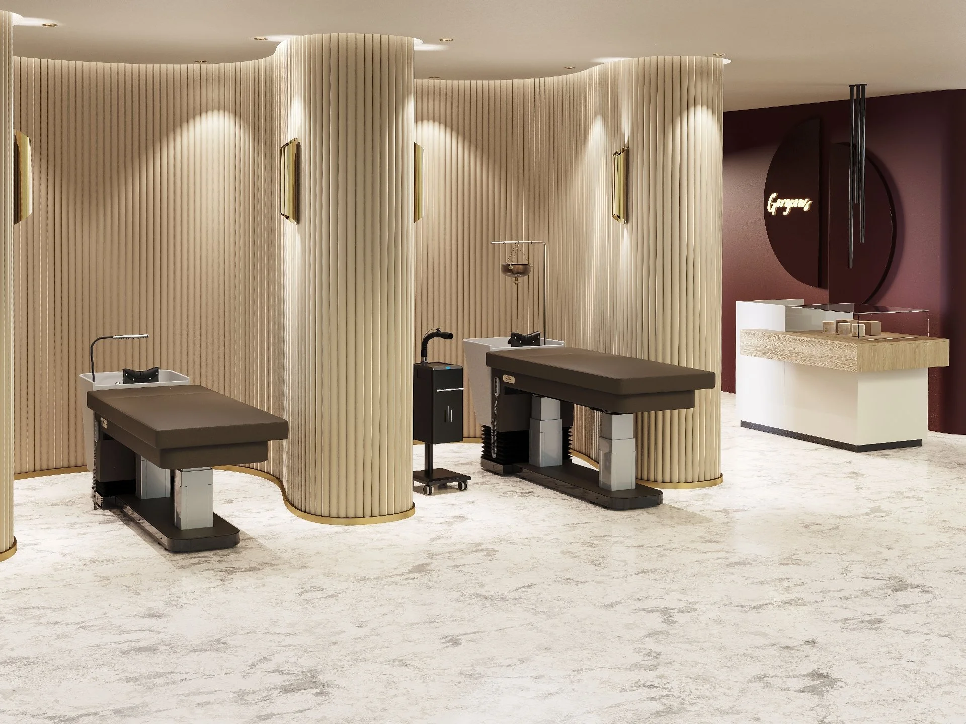 Une salle de spa avec des cabines privées de style moderne, divisées par des panneaux incurvés en bois, équipées de tables de massage et d'équipements de soins, avec un mur violet en arrière-plan portant un panneau lumineux.