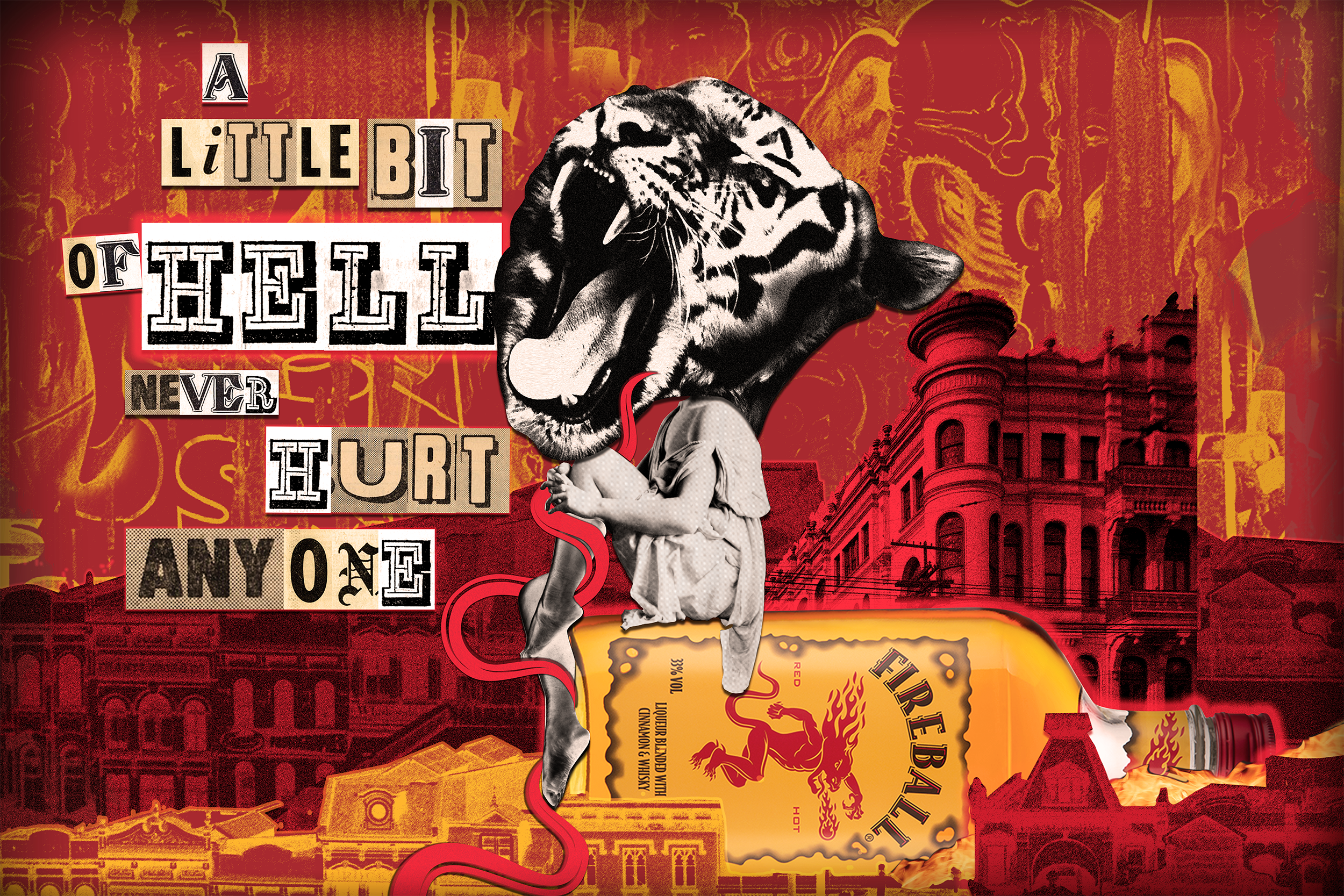 Collage of various images and text, including a black and white tiger head with a red tongue, children hugging, vintage architecture, and cut-out letters forming the phrase 'A little bit of hell never hurt anyone.' The background features a red and o