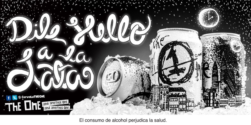 Black and white winter scene with graffiti-covered soda cans, snow-covered buildings, and a small clock showing 12:05. The text says 'Dile Lloyd a la lata' and 'The One and another one, and another one.'