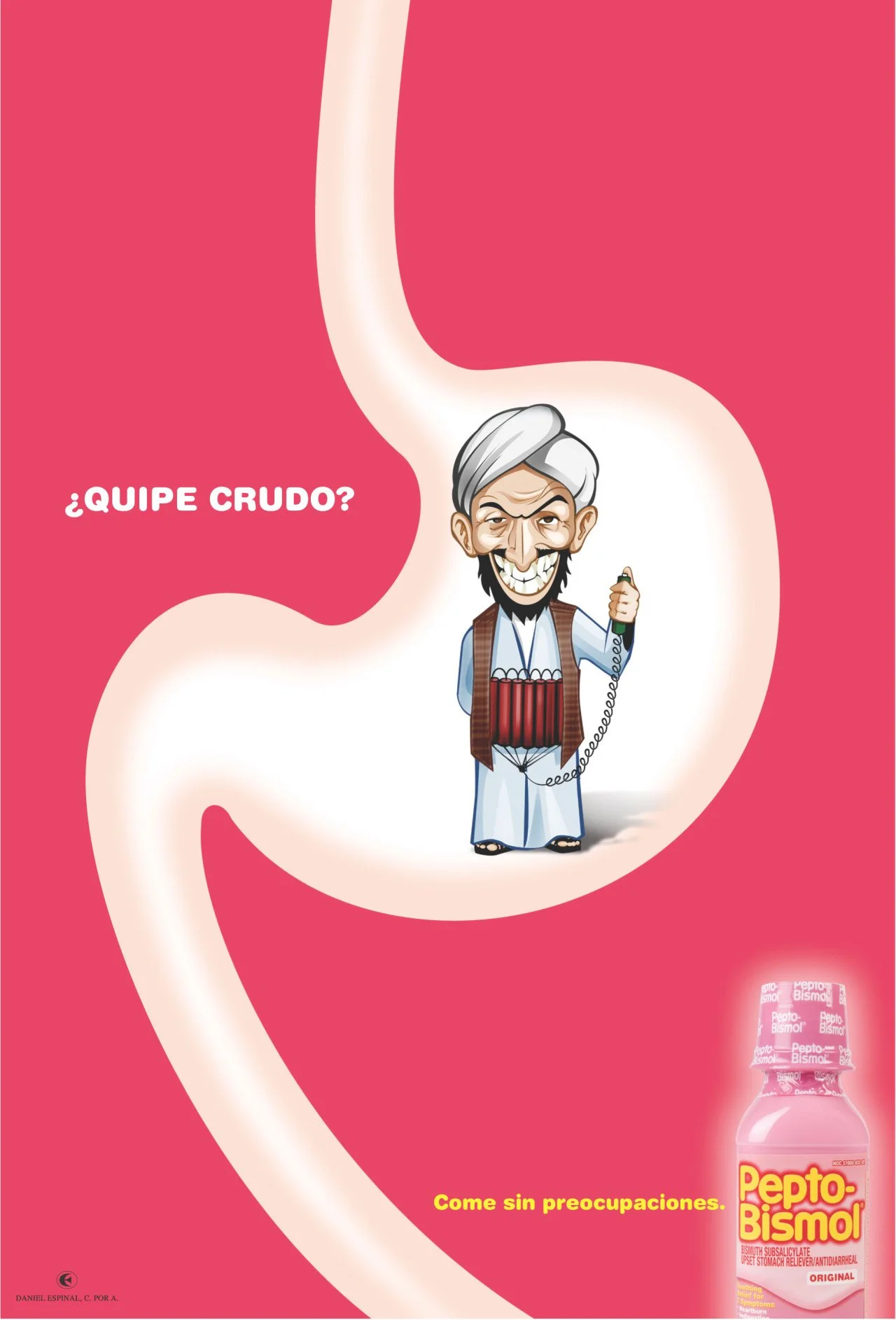 An animated cartoon of an older man with gray hair, a beard, and a wide grin, wearing traditional Middle Eastern clothing and holding a device connected to his stomach. The background is pink with white, abstract shapes resembling the human stomach. 
