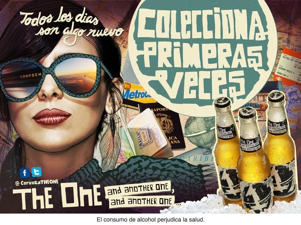 A woman with dark hair and sunglasses reflecting a sunset, surrounded by travel tickets, a globe, beer bottles, and a large speech bubble with Spanish text that reads 'Coleccina Primeras Veces.' The image contains various travel and drink-related ite