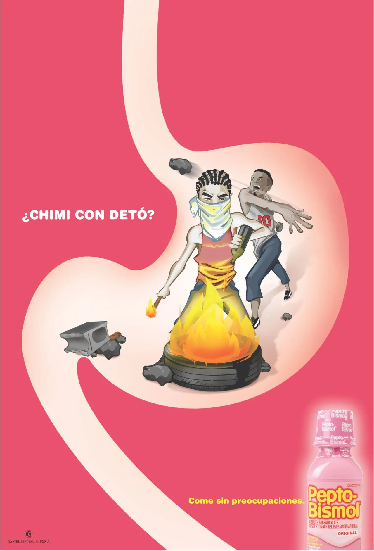 A cartoon illustration of two young men near a stove with a fire, surrounded by exploding rocks. One man wears a face mask and holds a phone, the other is reaching out. The background has a pink and white abstract design. Text in Spanish reads '¿CHIM