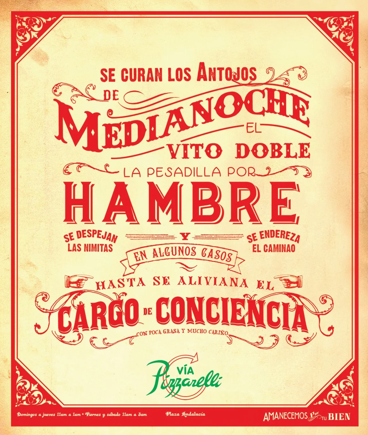 Vintage-style poster with red decorative border and text in Spanish. It talks about healing the wounds of midnight darkness, hunger, and despair, with references to raising the dead and ending the journey, with the phrase 'until the cargo of consciou