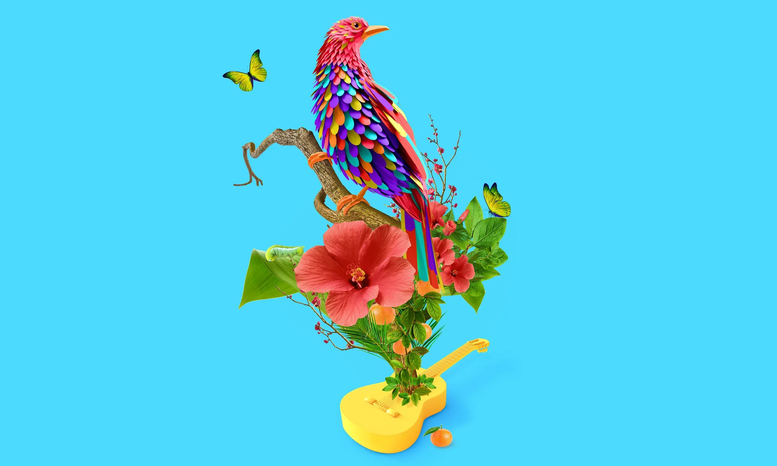 Colorful artificial bird with rainbow feathers perched on a branch, surrounded by flowers and green leaves, with two yellow butterflies flying nearby, all set against a bright blue background.