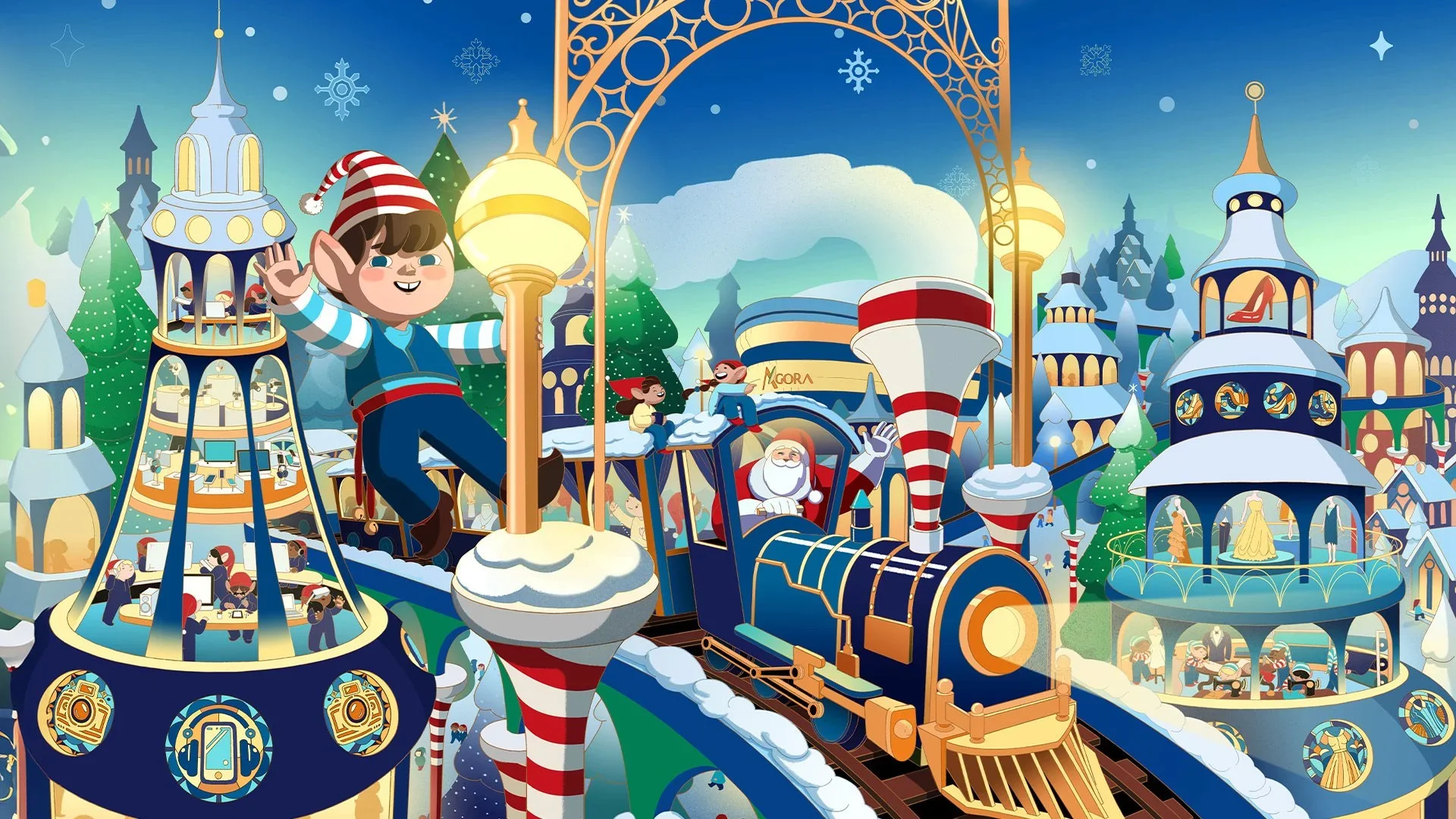 Colorful amusement park with a train ride, Santa Claus waving, children, and festive decorations, including snowflakes and Christmas trees.