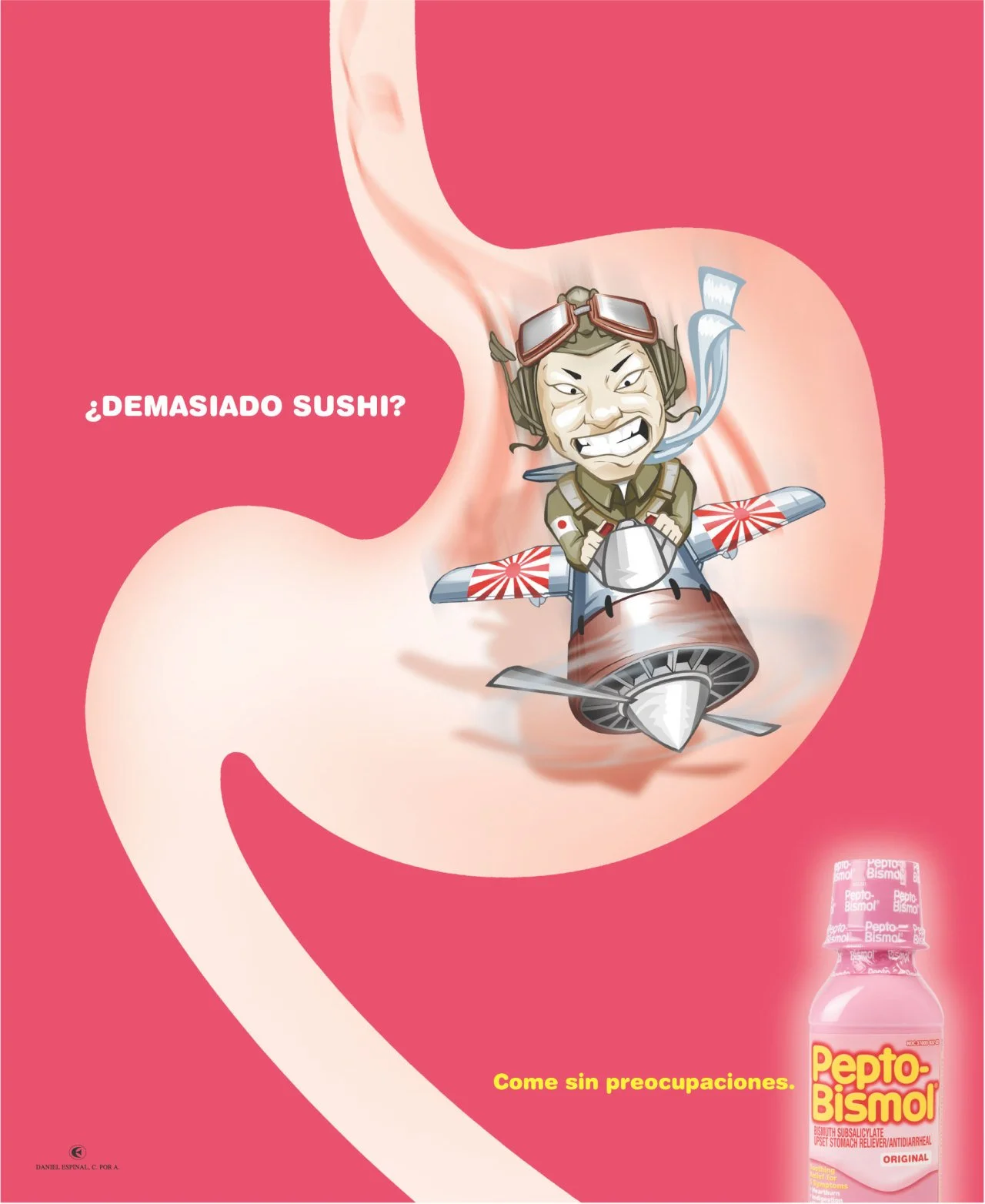 A cartoon illustration of a person with goggles on their head riding a missile-shaped aircraft inside a simplified human stomach. The background is pink with a bottle of Pepto-Bismol at the bottom right corner and text in Spanish asking if the stomac