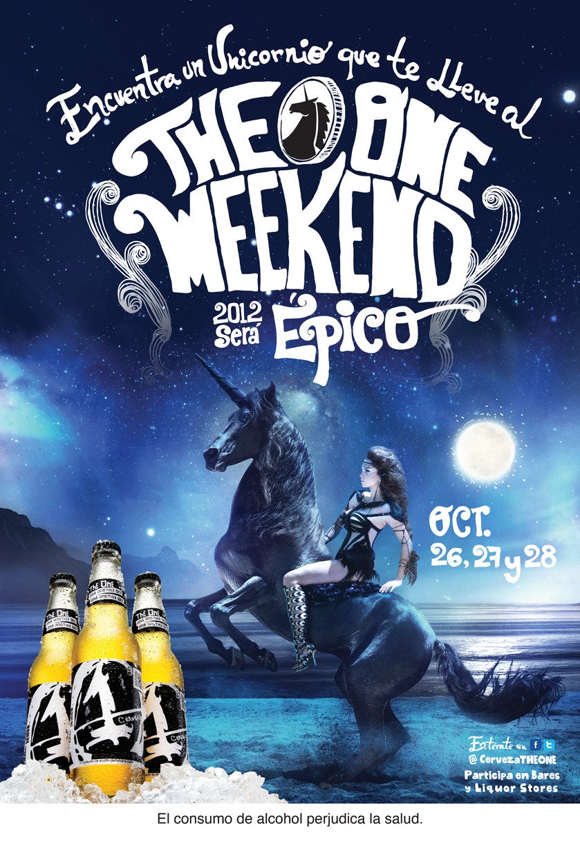 A promotional poster featuring a night scene with a unicorn and a woman riding it, against a starry sky with a full moon. The text promotes a beer event called THE ONE MEKED;EPICO happening on October 26-28, 2012, encouraging finding a unicorn and ce