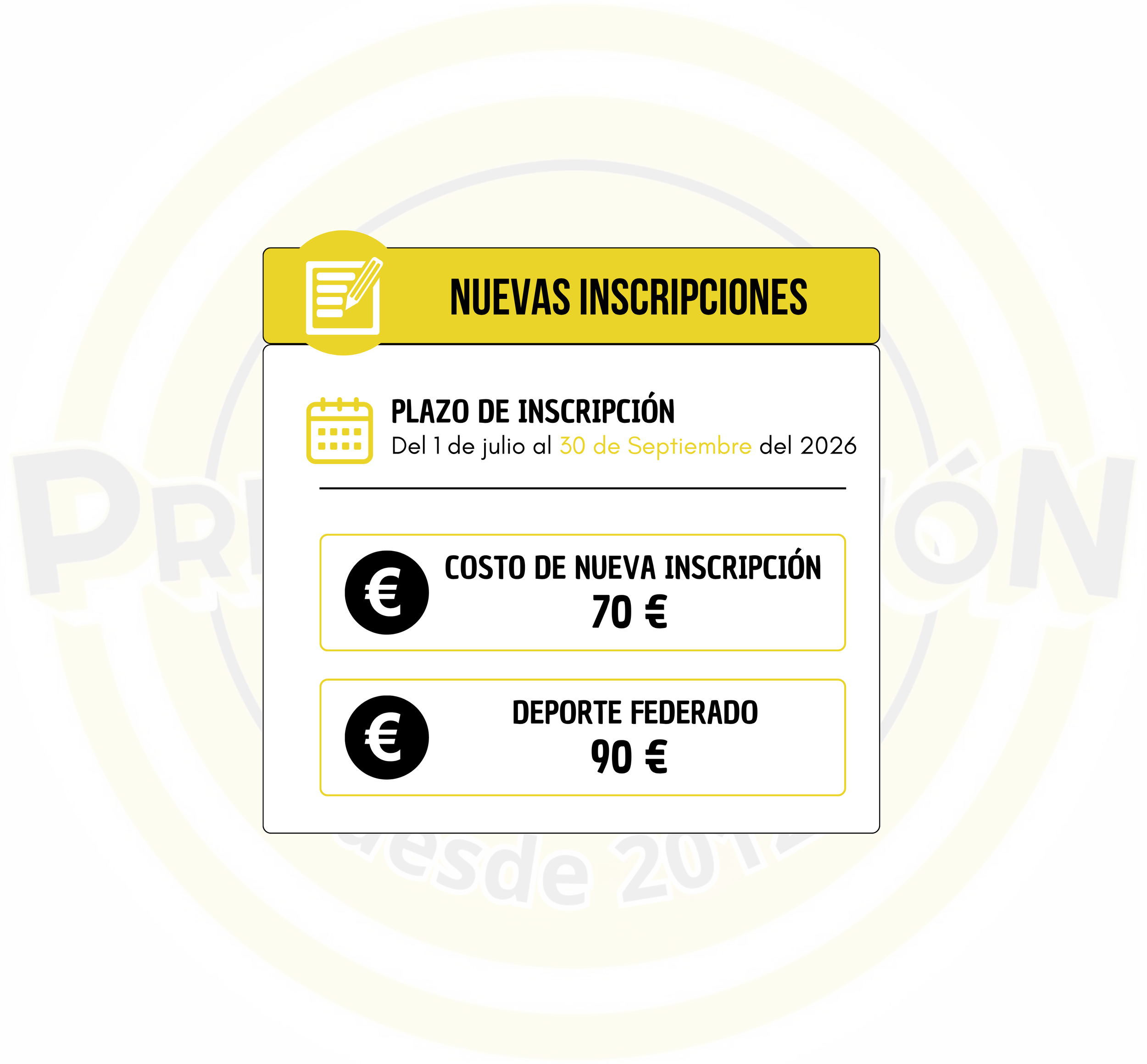 Una infografía que anuncia nuevas inscripciones, con información sobre el período de inscripción desde el 1 de julio hasta el 30 de septiembre de 2026. Incluye detalles sobre el costo y el deporte federado.