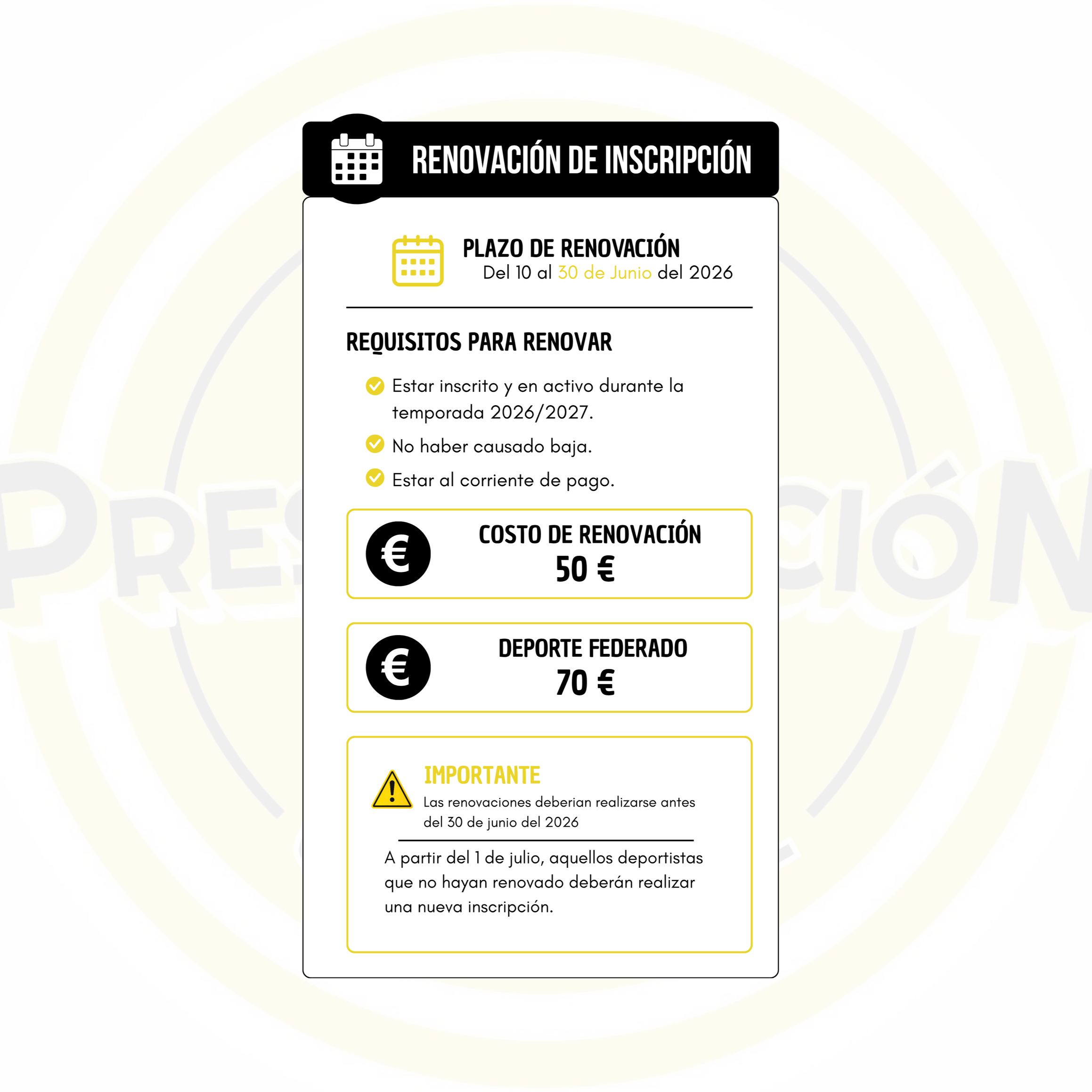 Información sobre la renovación de inscripción, incluyendo fechas, requisitos y costos en un formato de cartel o formulario, con iconos de calendario y moneda euro.