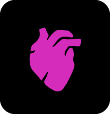 Purple stylized human heart icon on a black background