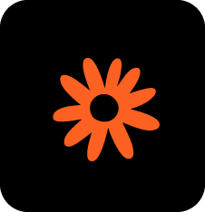 A black and white illustrated flower with orange petals and a black center.