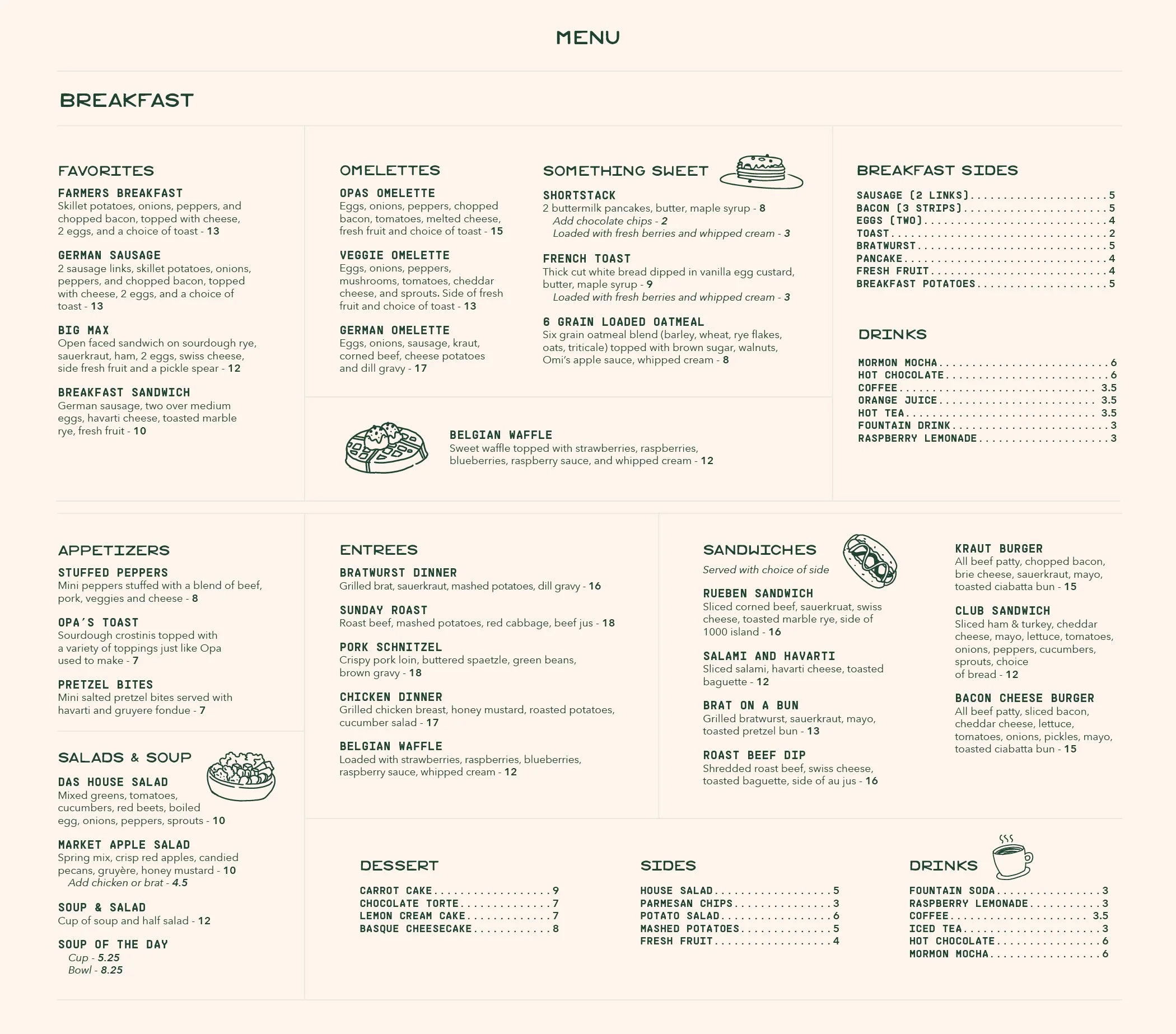 Part of a breakfast menu listing various food options such as omelettes, breakfast sides, sandwiches, entrees, salads, soups, desserts, and drinks.