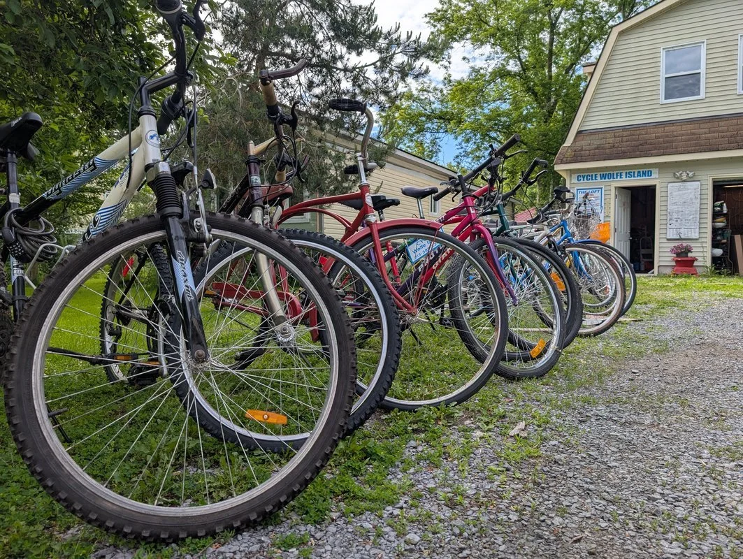 A row of bicycles parked on a grassy area in front of a yellow building with a sign that says "Cycle Wolfe Island."
