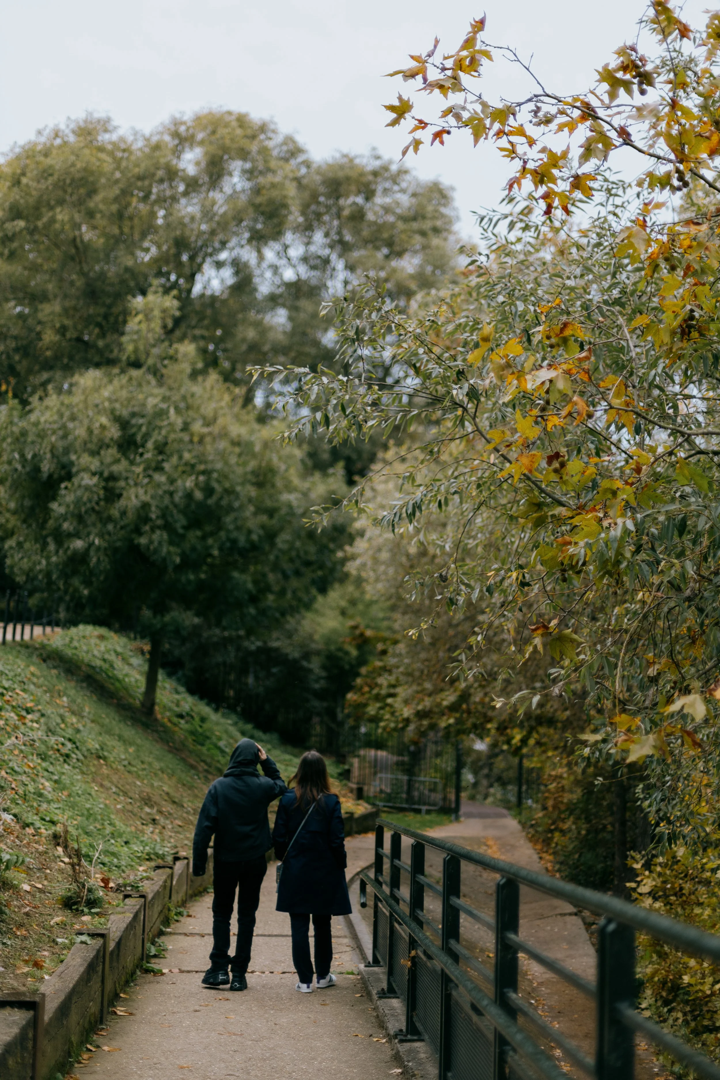 A man and woman walking down a paved path in a park during autumn, surrounded by trees with green and yellow leaves, with some fallen leaves on the ground, and a metal railing on the side of the path.