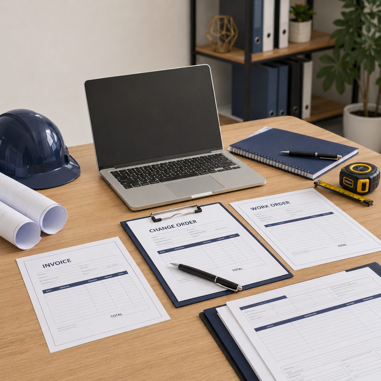 Office desk with blue safety helmet, rolled blueprints, laptop, notebooks, pens, tape measure, and work order and invoice papers.