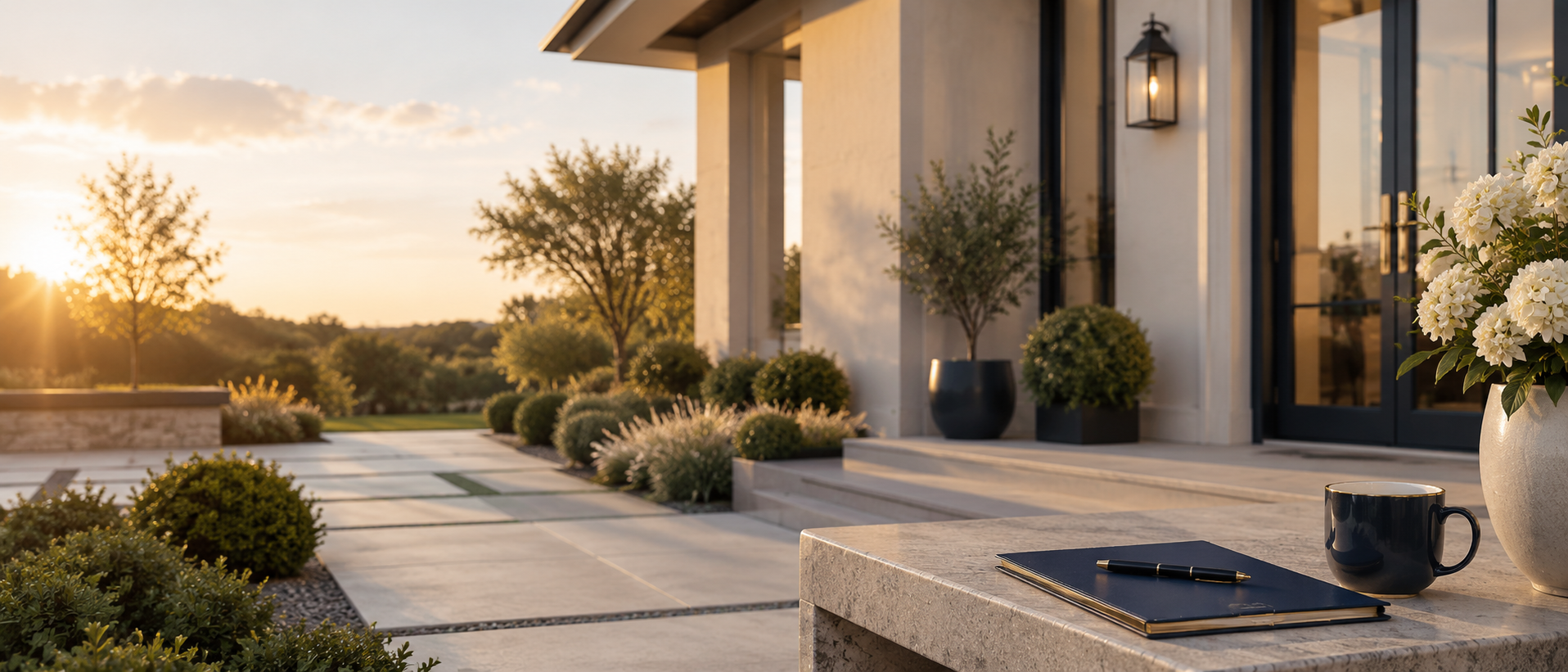 Sunset view of the front porch and garden of a modern home with potted plants, a black coffee mug, a closed notebook, and a pen on a stone table.