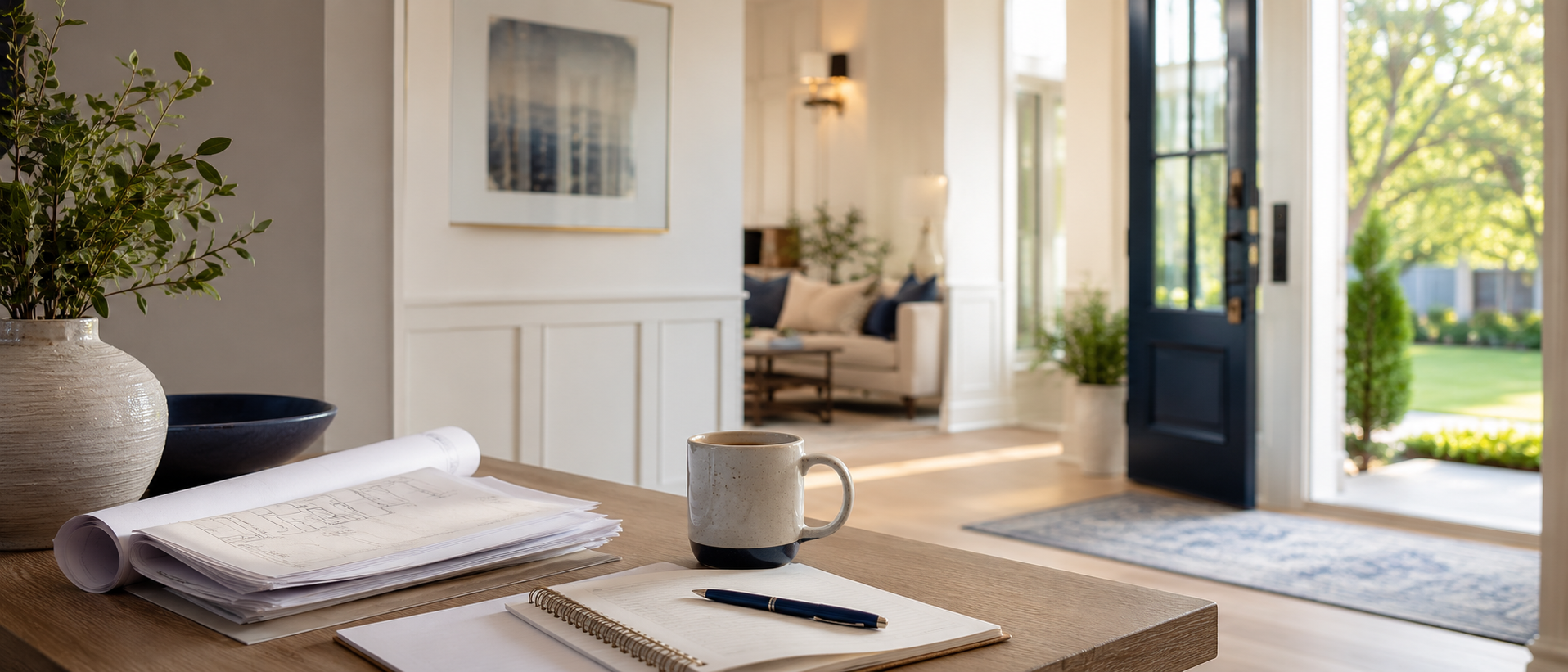 Interior view of a home with a desk holding papers, a notebook, a pen, a coffee mug, and a potted plant, with an open door leading to a sunny garden.